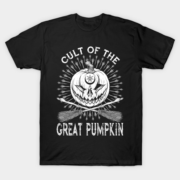 Cult of the Great Pumpkin Crossed Brooms T-Shirt by Chad Savage